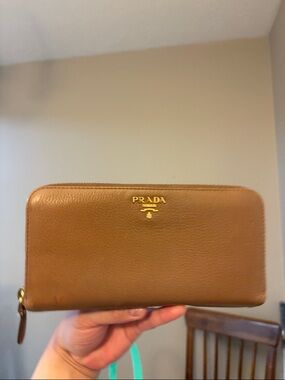 Prada Brown Leather Zip Around Wallet with Gold Logo